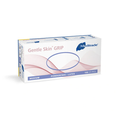 Verpackung der Gentle Skin GRIP Latexhandschuhe, mittlere Größe, puderfrei, in einer blauen und rosafarbenen Box.