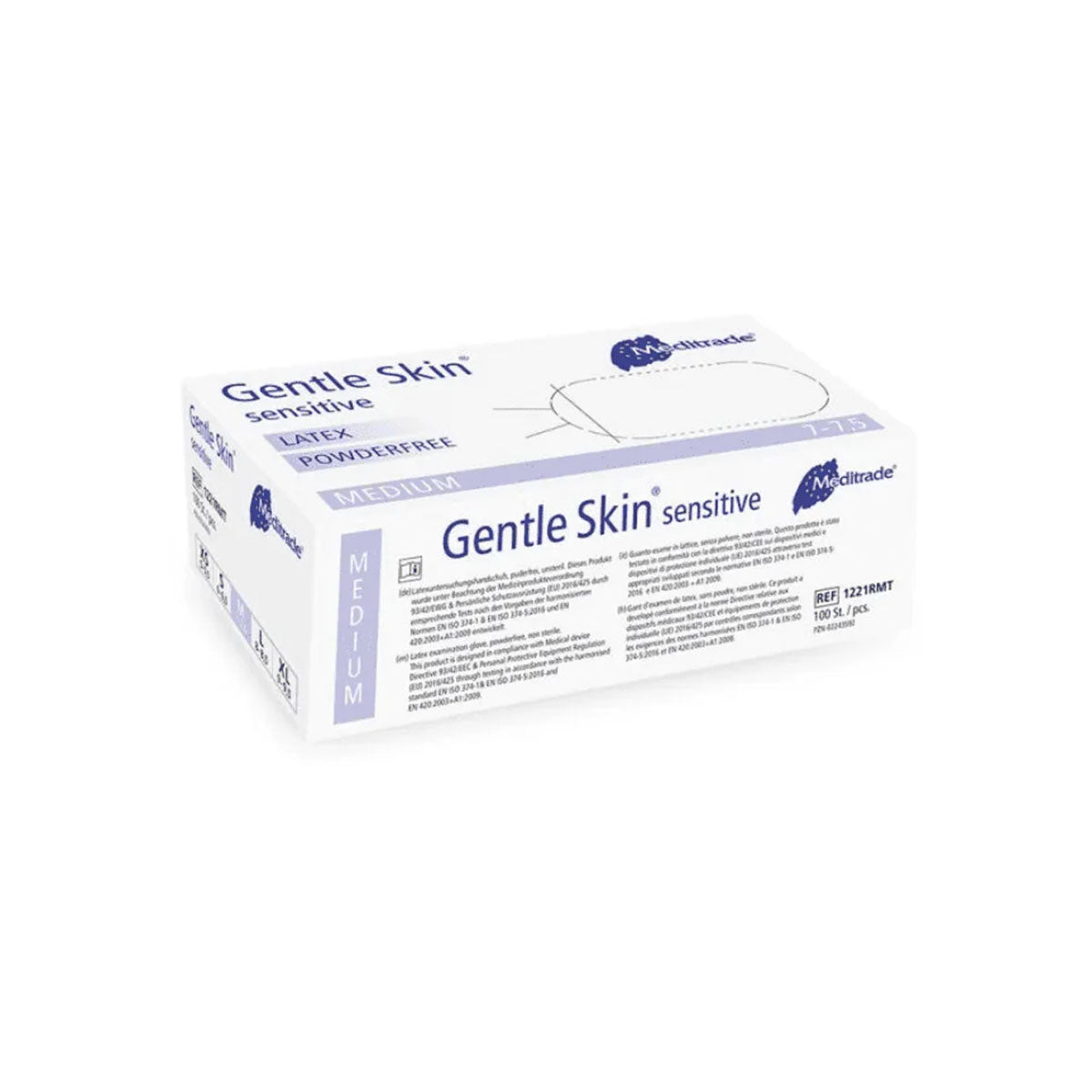Verpackung von Meditrade Gentle Skin® sensitive Einmalhandschuhen in mittlerer Größe, puderfrei aus Latex, in weißer Box mit blauen Akzenten und Produktinformationen.