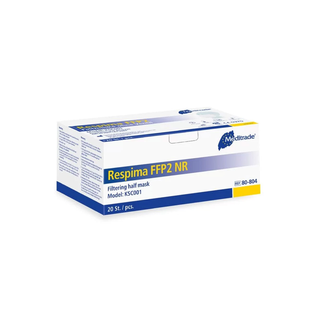 Packung mit 20 Stück Meditrade Respima FFP2 NR Atemschutzmasken, präsentiert in einer weiß-blauen Verpackung mit klarer Produktbeschriftung und Spezifikationen.