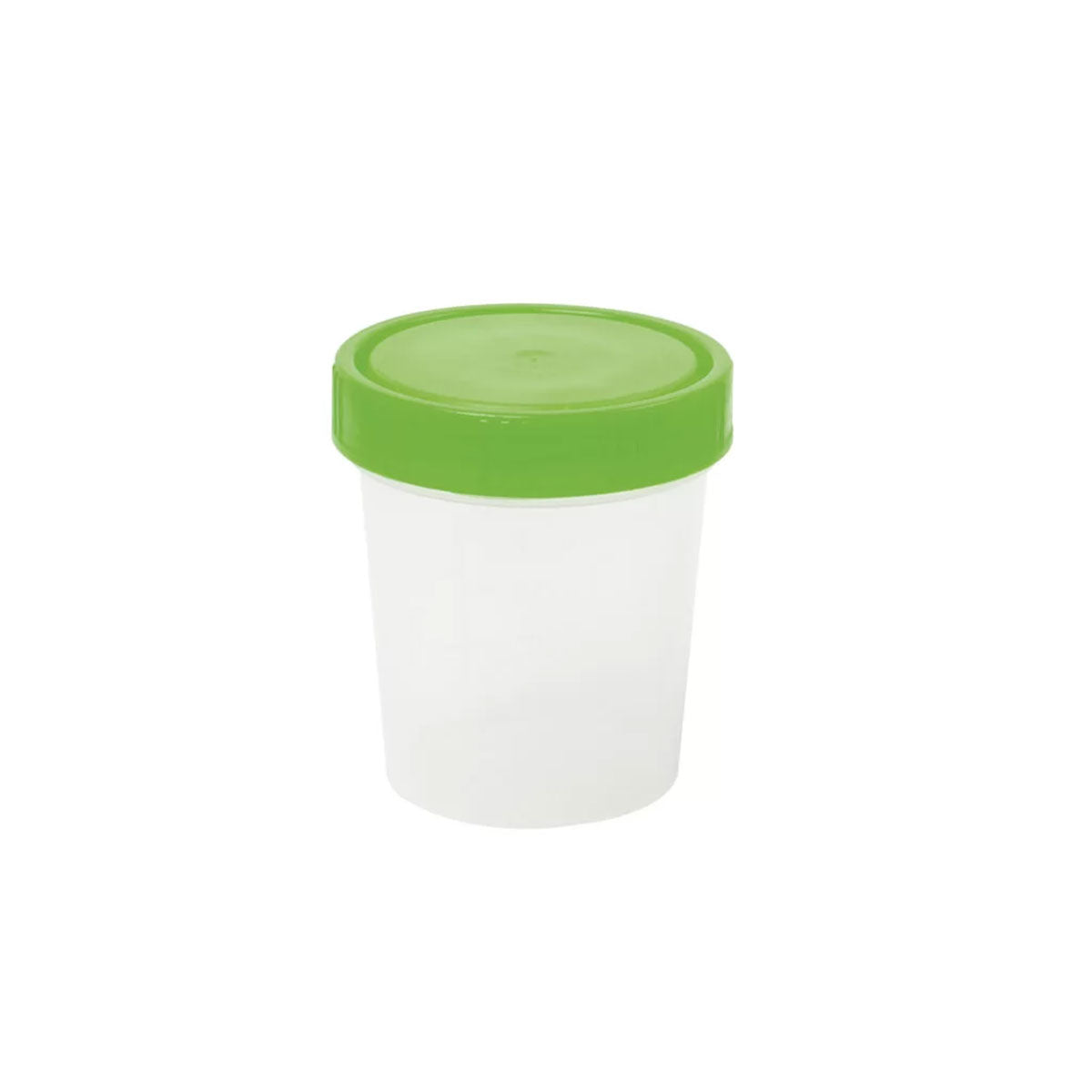 Transparenter Meditrade Urinbecher mit grünem Verschluss, 100 ml Fassungsvermögen, ideal für die Lagerung und den Transport medizinischer Proben.