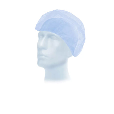 Kopfhaube in blau auf einem Puppenkopf.