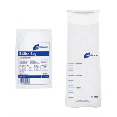 Meditrade BaSick Bag Spuckbeutel in einer Packung, fassbar bis 1500 ml, mit sicherem Verschluss und Volumenskala, ideal für medizinische und Reiseanwendungen.