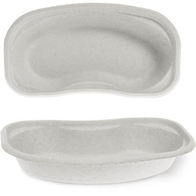 wei graue BeeSana® Nierenschalen aus umweltfreundlicher Pappe, eine frontal und eine seitlich dargestellt, auf weißem Hintergrund.