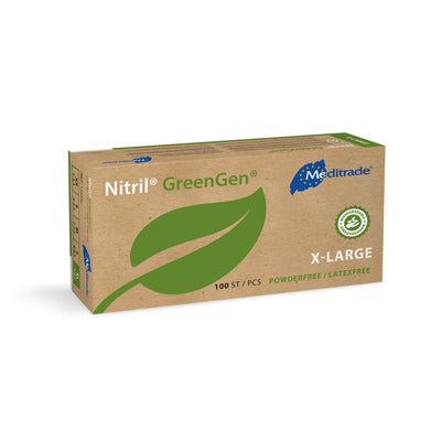 erpackung der Nitril® GreenGen® Nitrilhandschuhe, Größe X-Large, 100 Stück, umweltfreundliche braune Box mit grüner Beschriftung und Blatt-Design.