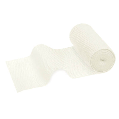 Eine weiße, dauerelastische Universalbinde aufgerollt, bereit zur Anwendung.