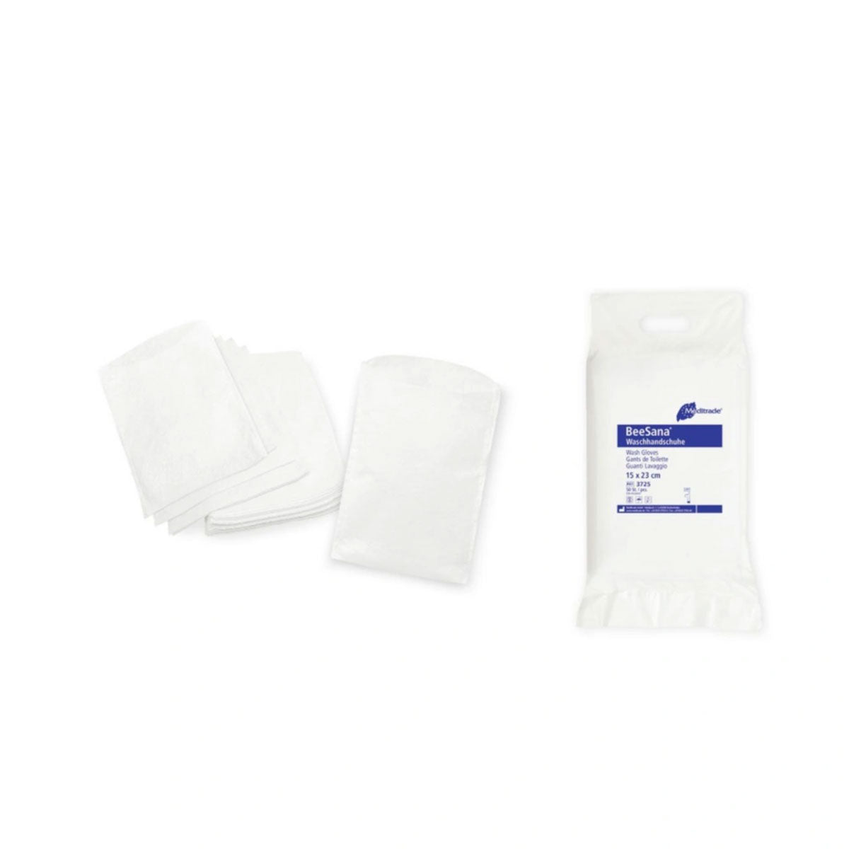 Ein Stapel Beesana Waschhandschuhe aus Molton sowie eine Verpackungseinheit mit 50 Stück. Perfekt für die hygienische Körperpflege.