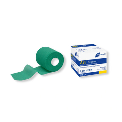 Detailaufnahme des ABE® Fix Colour Verbands, zeigt elastisches Material und selbsthaftende Funktion, erhältlich in mehreren Farben.