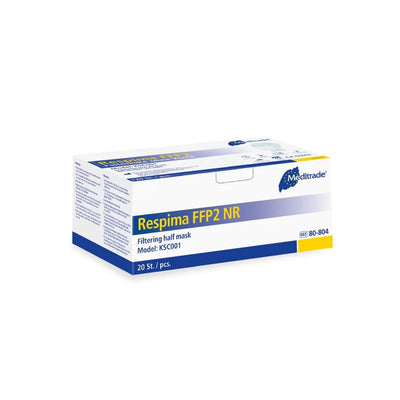 Packung mit 20 Stück Meditrade Respima FFP2 NR Atemschutzmasken, präsentiert in einer weiß-blauen Verpackung mit klarer Produktbeschriftung und Spezifikationen.