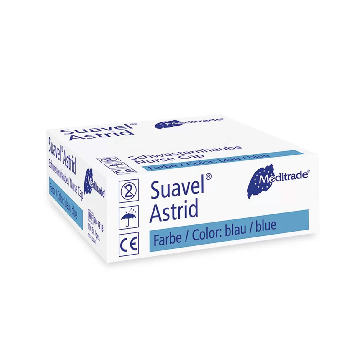 Packung von Suavel® Astrid Schwestern- und Patientenhauben in Blau, 100 Stück pro Packung, für den Einsatz in medizinischen und gesundheitsbezogenen Einrichtungen zur Erhaltung der Hygiene.