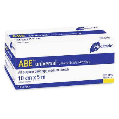 Verpackung der ABE® universal Universalbinde, unsteril, mit den Maßen 10 cm x 5 m.