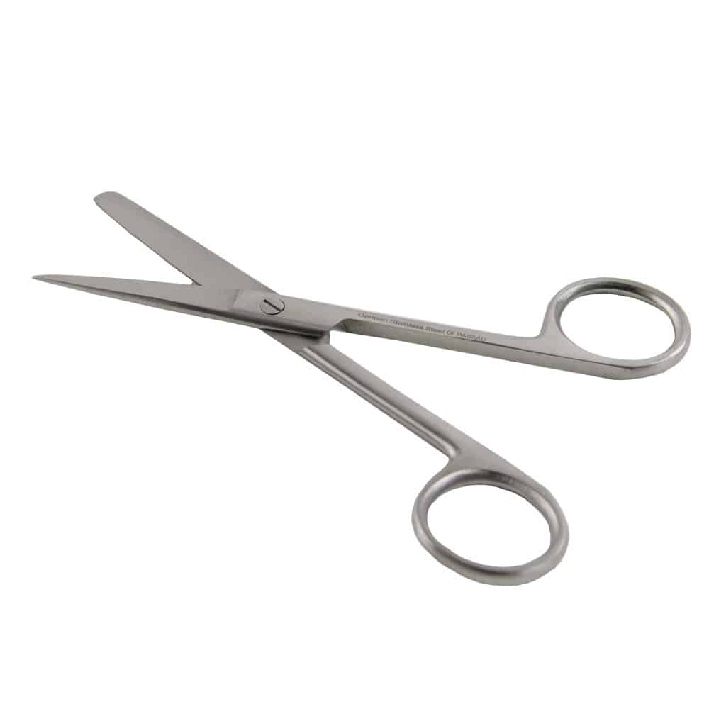 Chirurgische Schere spitz-stumpf, gerade, 14,5 cm, aus rostfreiem Edelstahl für präzises Schneiden in medizinischen Anwendungen.