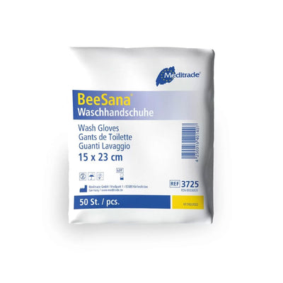 Beesana Waschhandschuhe in der Originalverpackung von Meditrade, 50 Stück, Maße 15 x 23 cm, aus hochwertigem Molton für den Einmalgebrauch.