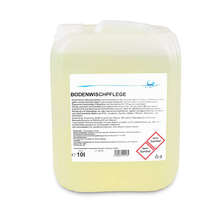 Ein Kanister des Bodenreinigers mit der Etikettenbeschriftung "Bodenwischpflege". 10-Liter.