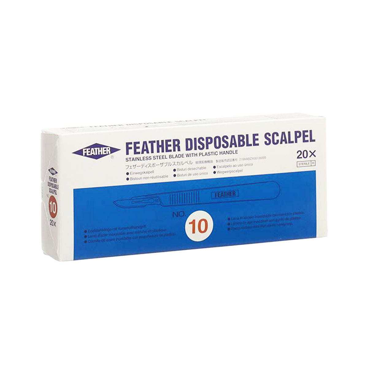Feather Einmalskalpell No. 10 mit Edelstahlklinge und ergonomischem Kunststoffgriff, sterile Einwegausführung.